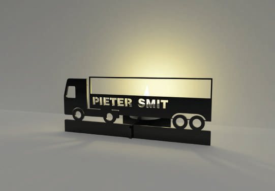Stalen sfeerlicht in de vorm van een vrachtwagen met uitgesneden bedrijfsnaam Pieter Smit